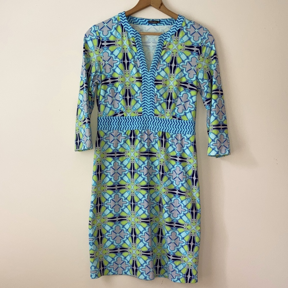 J. McLaughlin Blue Lime Patterned Midi Dress